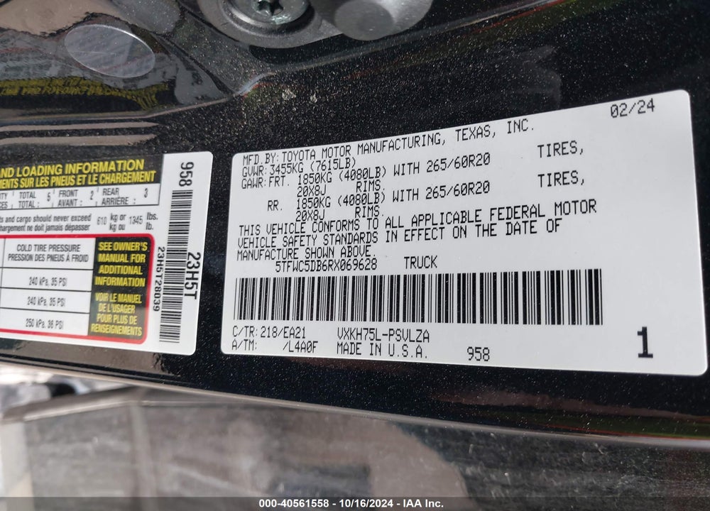 2024 TOYOTA TUNDRA HYBRID LIMITED VIN: 5TFWC5DB6RX069628
