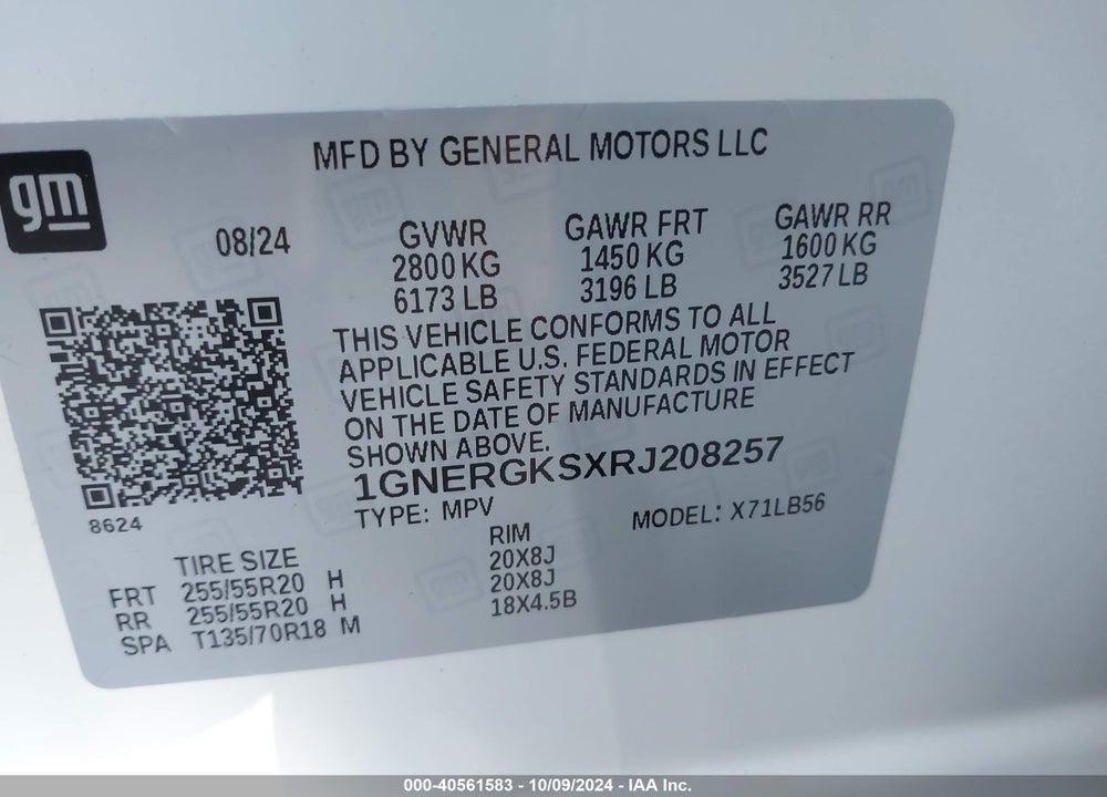 2024 CHEVROLET TRAVERSE VIN: 1GNERGKSXRJ208257
