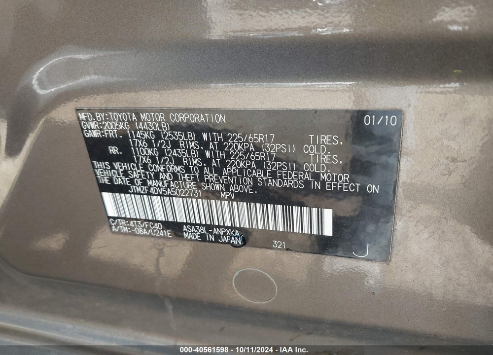 2010 TOYOTA RAV4 VIN: JTMZF4DV5A5022731