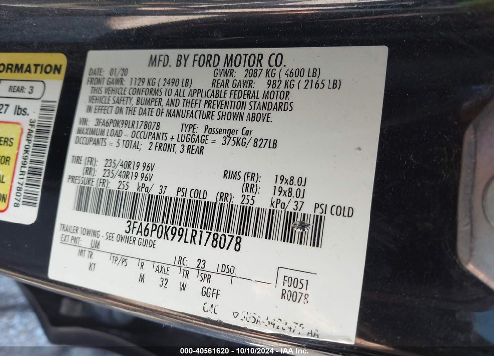 2020 FORD FUSION TITANIUM VIN: 3FA6P0K99LR178078