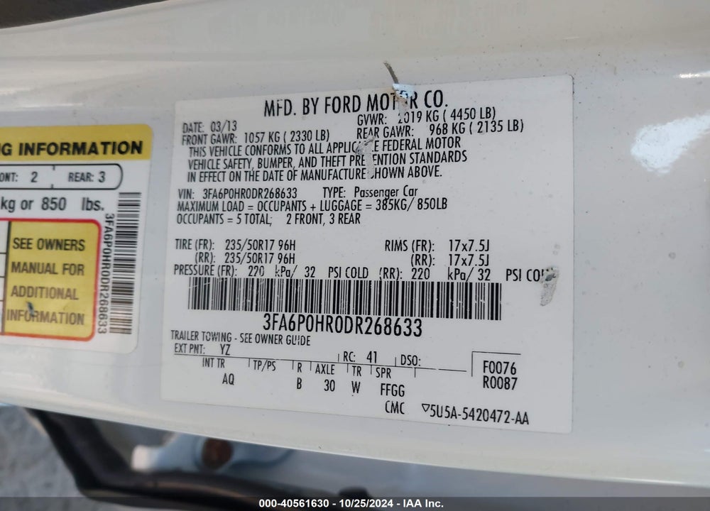 2013 FORD FUSION SE VIN: 3FA6P0HR0DR268633