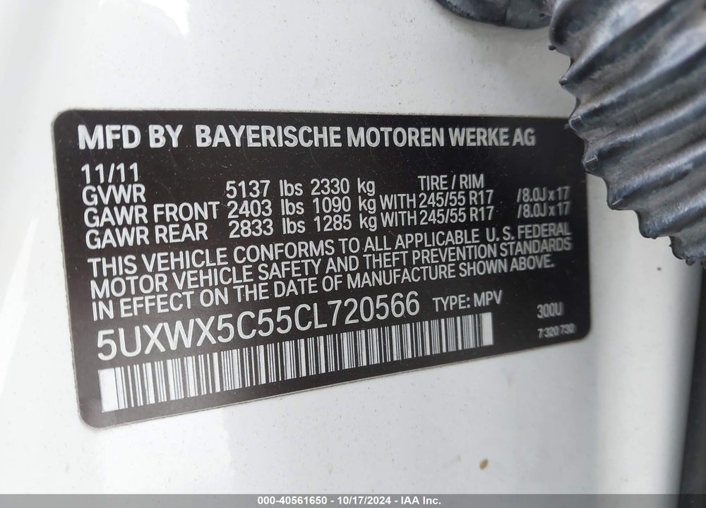2012 BMW X3 XDRIVE28I VIN: 5UXWX5C55CL720566