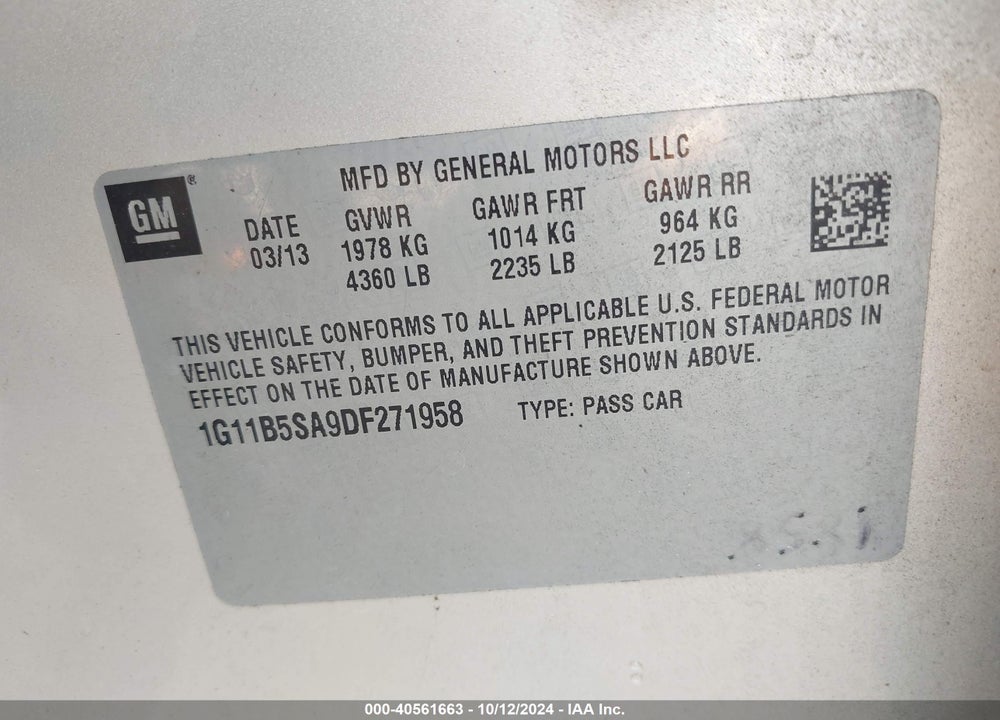 2013 CHEVROLET MALIBU 1LS VIN: 1G11B5SA9DF271958