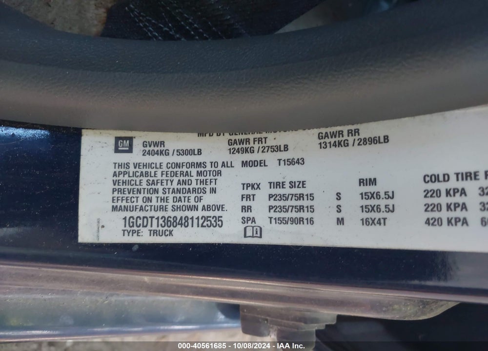 2004 CHEVROLET COLORADO LS VIN: 1GCDT136848112535
