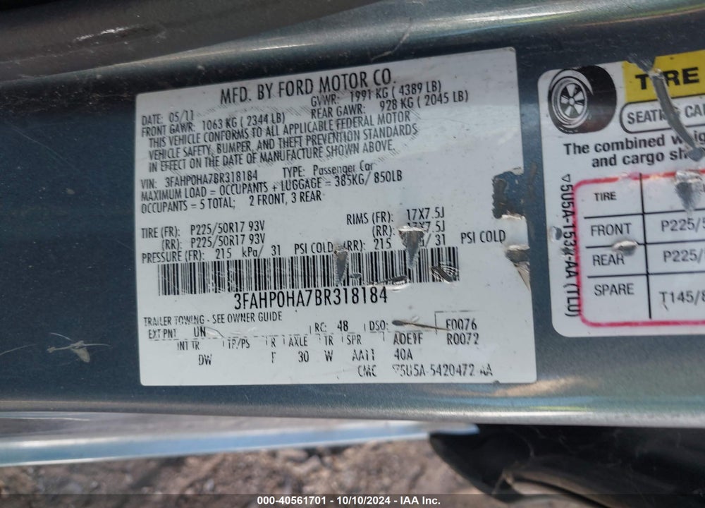2011 FORD FUSION SE VIN: 3FAHP0HA7BR318184