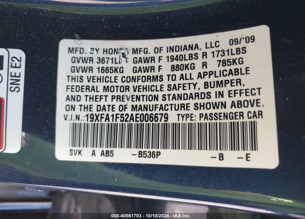 2010 HONDA CIVIC LX VIN: 19XFA1F52AE006679
