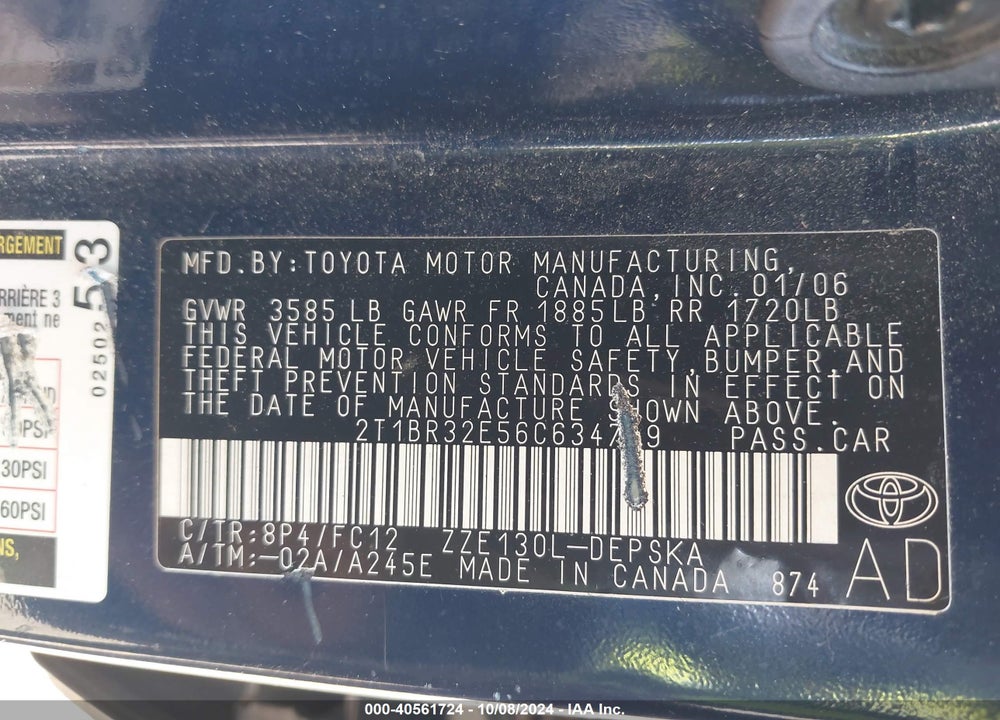 2006 TOYOTA COROLLA S VIN: 2T1BR32E56C634749