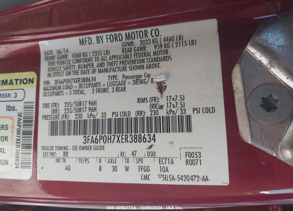 2014 FORD FUSION SE VIN: 3FA6P0H7XER388634