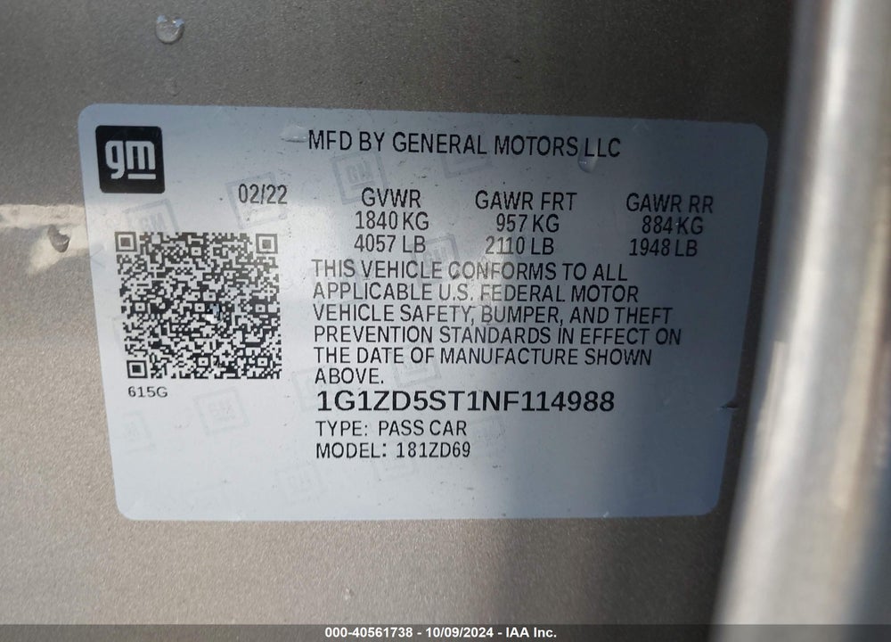 2022 CHEVROLET MALIBU FWD LT VIN: 1G1ZD5ST1NF114988