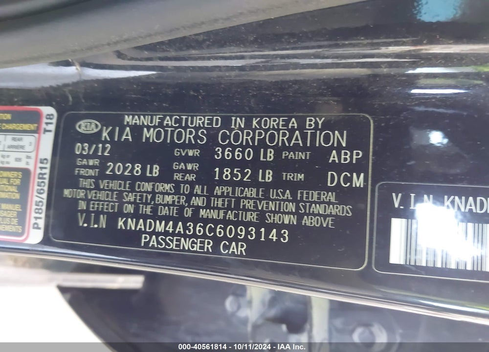 2012 KIA RIO LX VIN: KNADM4A36C6093143