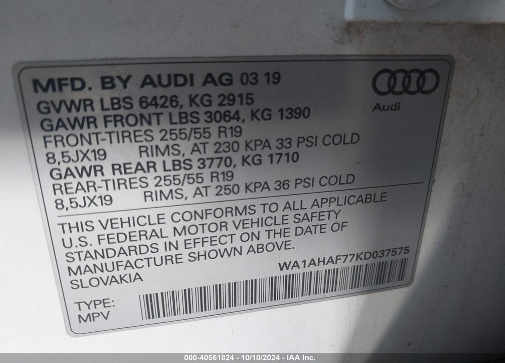 2019 AUDI Q7 45 PREMIUM VIN: WA1AHAF77KD037575