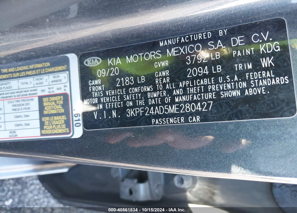2021 KIA FORTE LXS VIN: 3KPF24AD5ME280427