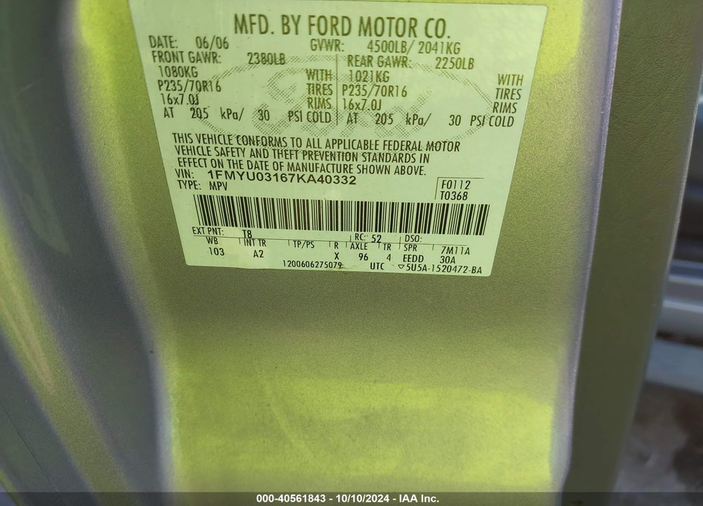 2007 FORD ESCAPE VIN: 1FMYU03167KA40332