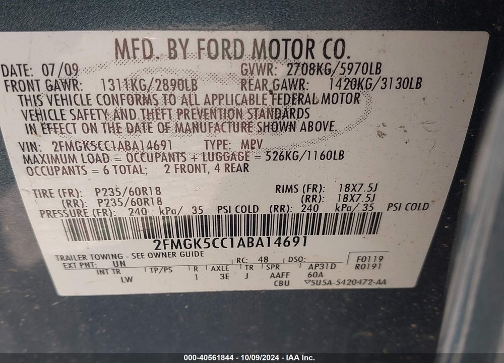 2010 FORD FLEX SEL VIN: 2FMGK5CC1ABA14691
