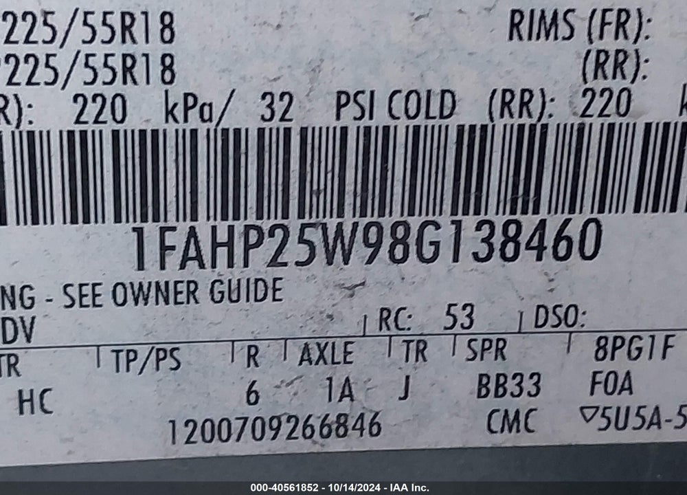 2008 FORD TAURUS LIMITED VIN: 1FAHP25W98G138460