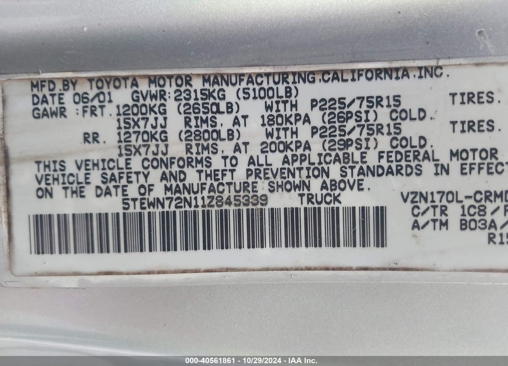 2001 TOYOTA TACOMA BASE V6 VIN: 5TEWN72N11Z845339