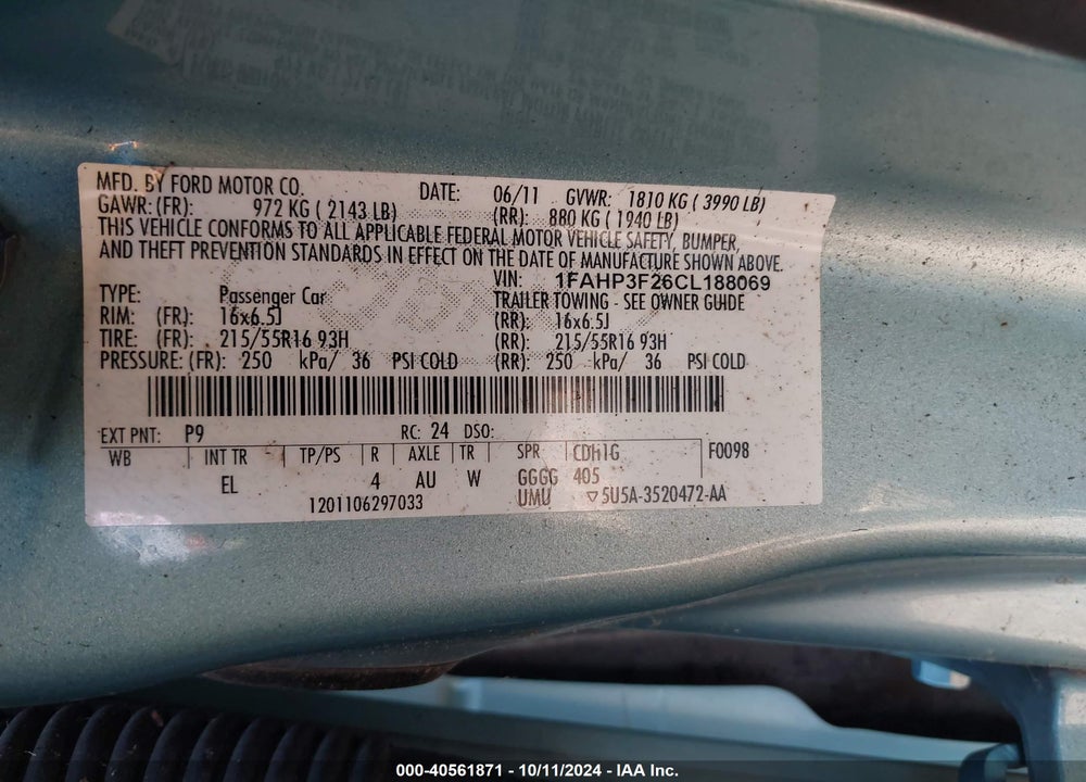 2012 FORD FOCUS SE VIN: 1FAHP3F26CL188069