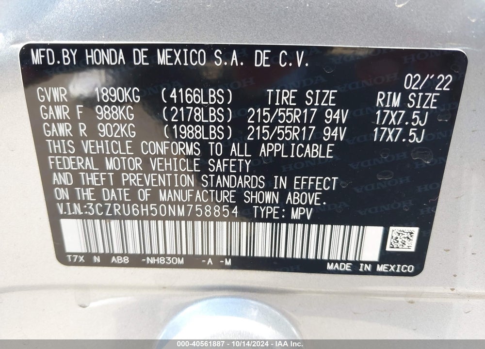 2022 HONDA HR-V VIN: 3CZRU6H50NM758854