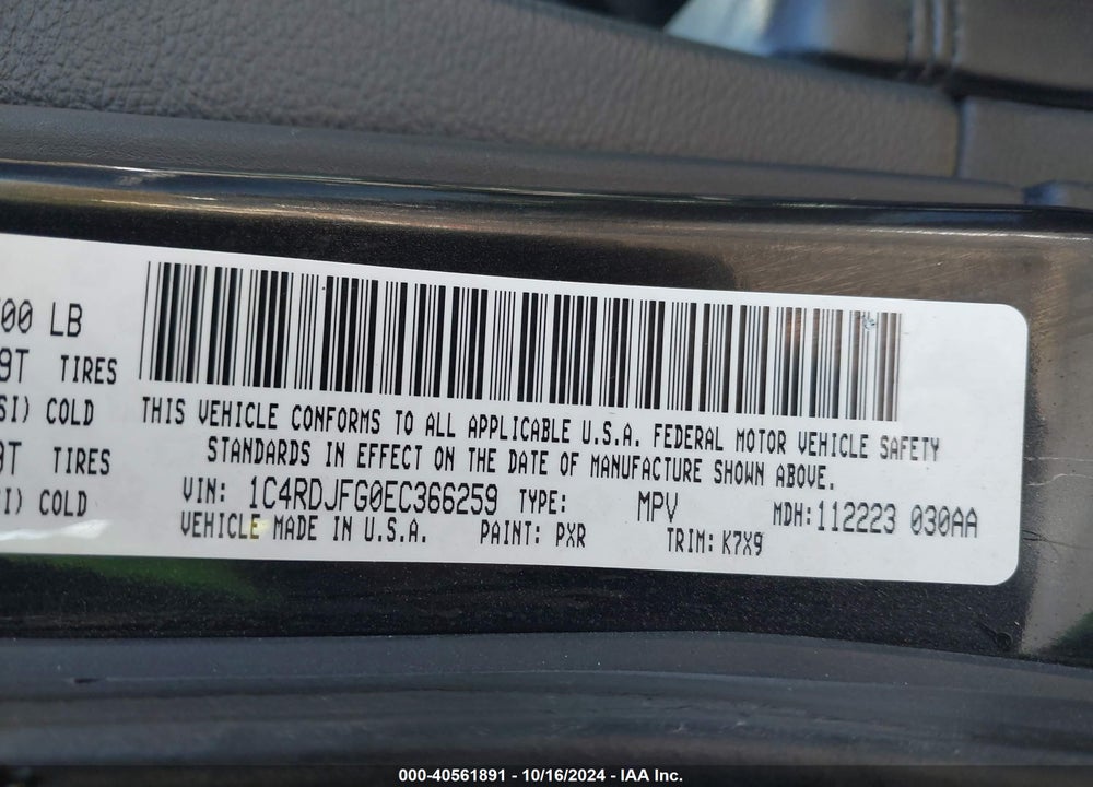2014 DODGE DURANGO VIN: 1C4RDJFG0EC366259