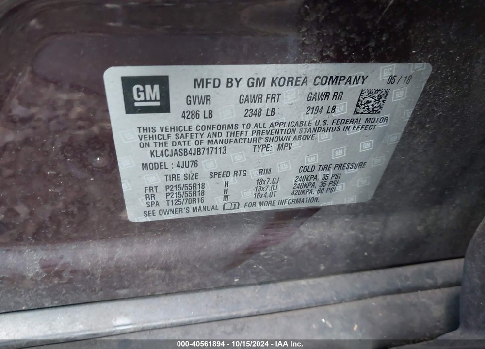 2018 BUICK ENCORE PREFERRED VIN: KL4CJASB4JB717113