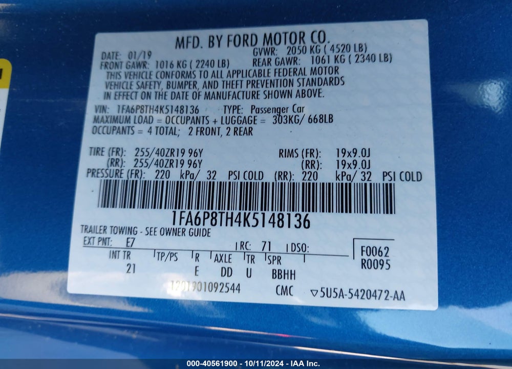 2019 FORD MUSTANG ECOBOOST VIN: 1FA6P8TH4K5148136
