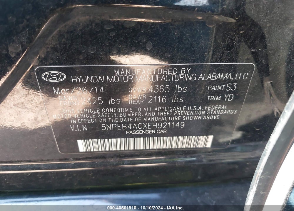 2014 HYUNDAI SONATA GLS VIN: 5NPEB4ACXEH921149