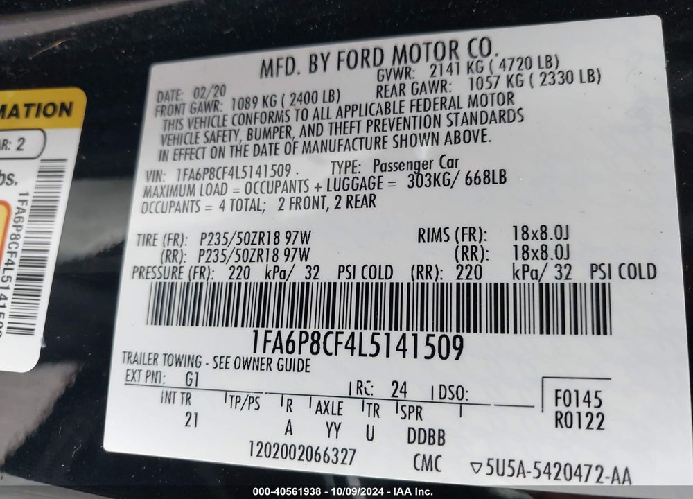 2020 FORD MUSTANG GT VIN: 1FA6P8CF4L5141509