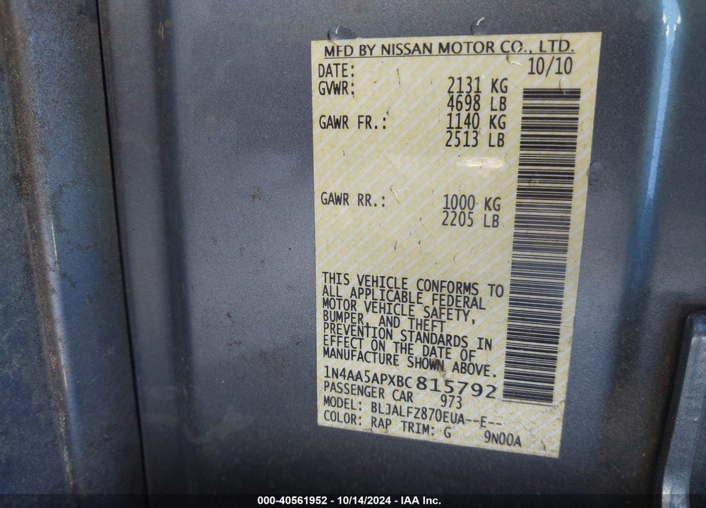 2011 NISSAN MAXIMA 3.5 SV VIN: 1N4AA5APXBC815792