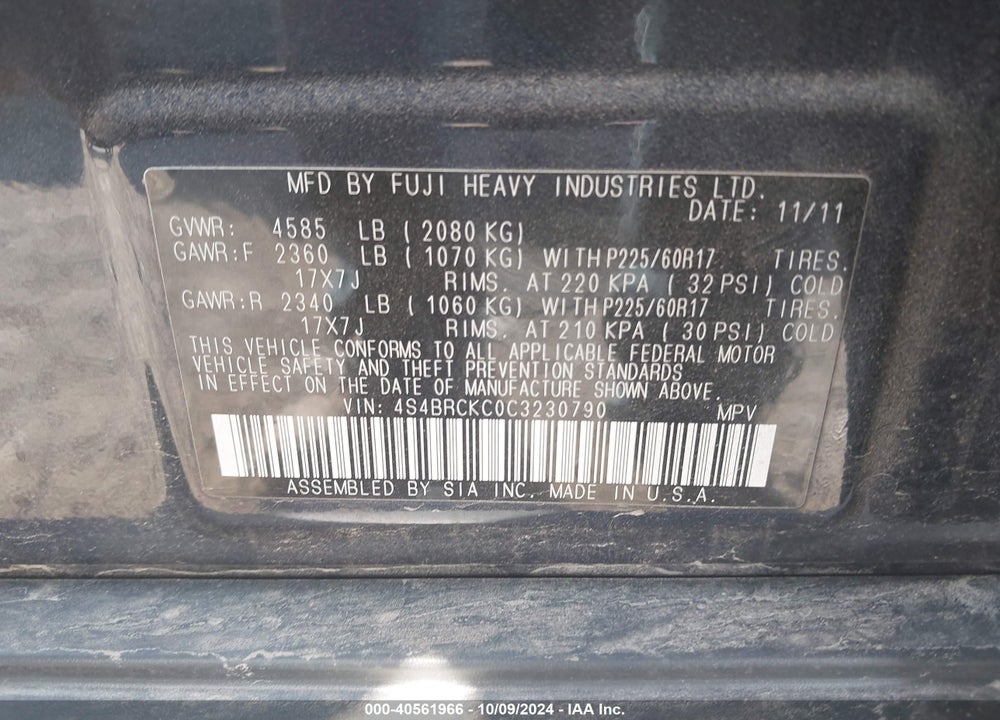 2012 SUBARU OUTBACK 2.5I LIMITED VIN: 4S4BRCKC0C3230790