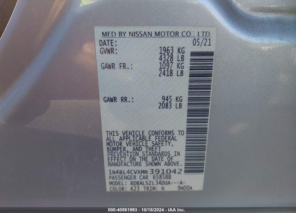 2021 NISSAN ALTIMA SR FWD VIN: 1N4BL4CVXMN391042