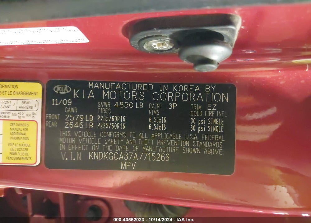 2010 KIA SPORTAGE LX V6 VIN: KNDKGCA37A7715266