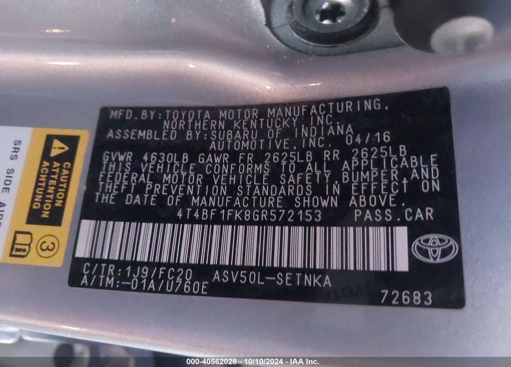 2016 TOYOTA CAMRY LE VIN: 4T4BF1FK8GR572153