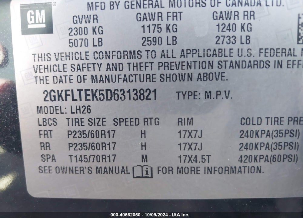 2013 GMC TERRAIN SLE-2 VIN: 2GKFLTEK5D6313821