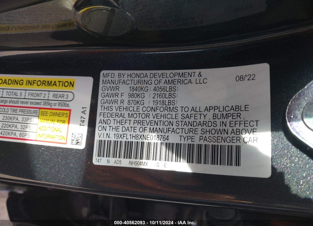 2022 HONDA CIVIC SPORT TOURING VIN: 19XFL1H8XNE018764
