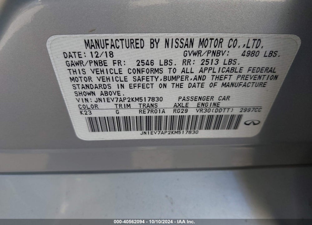 2019 INFINITI Q50 3.0T LUXE VIN: JN1EV7AP2KM517830