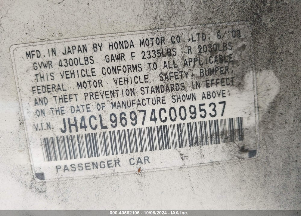 2004 ACURA TSX VIN: JH4CL96974C009537