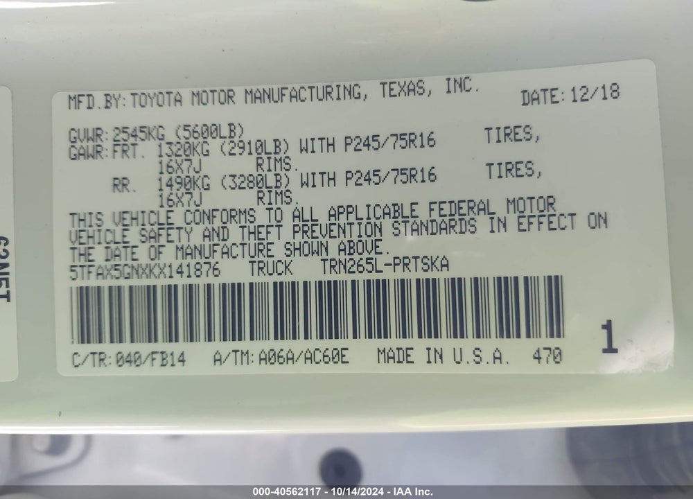 2019 TOYOTA TACOMA SR VIN: 5TFAX5GNXKX141876