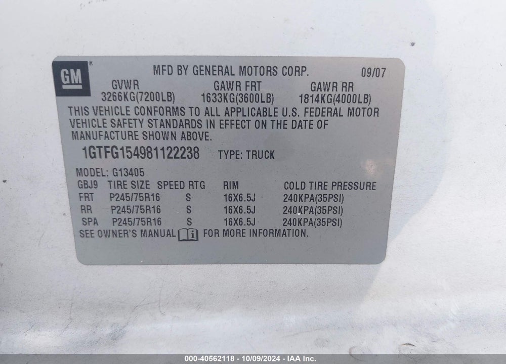 2008 GMC SAVANA WORK VAN VIN: 1GTFG154981122238
