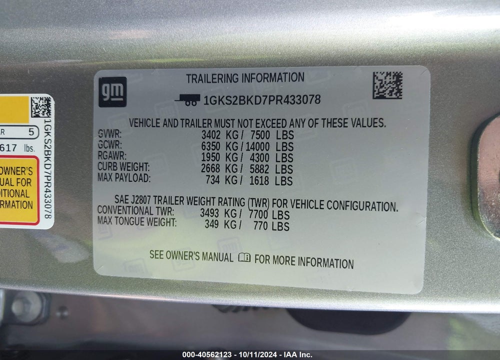 2023 GMC YUKON 4WD SLT VIN: 1GKS2BKD7PR433078