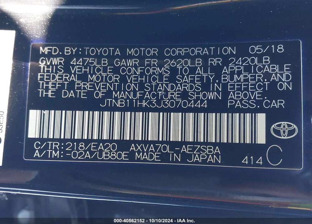 2018 TOYOTA CAMRY SE VIN: JTNB11HK3J3070444