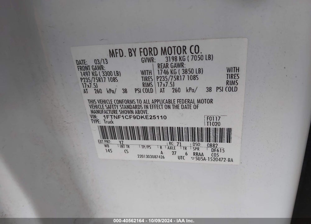 2013 FORD F-150 XL VIN: 1FTNF1CF9DKE25110