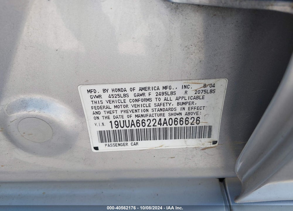 2004 ACURA TL BASE W/NAV SYSTEM (A5) VIN: 19UUA66224A066626