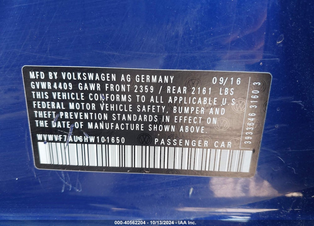 2017 VOLKSWAGEN GOLF R 4-DOOR W/DCC & NAVIGATION VIN: WVWVF7AU6HW101650