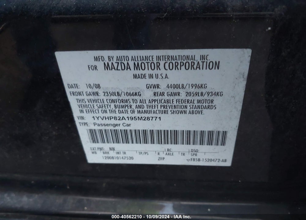 2009 MAZDA 6 I TOURING VIN: 1YVHP82A195M28771