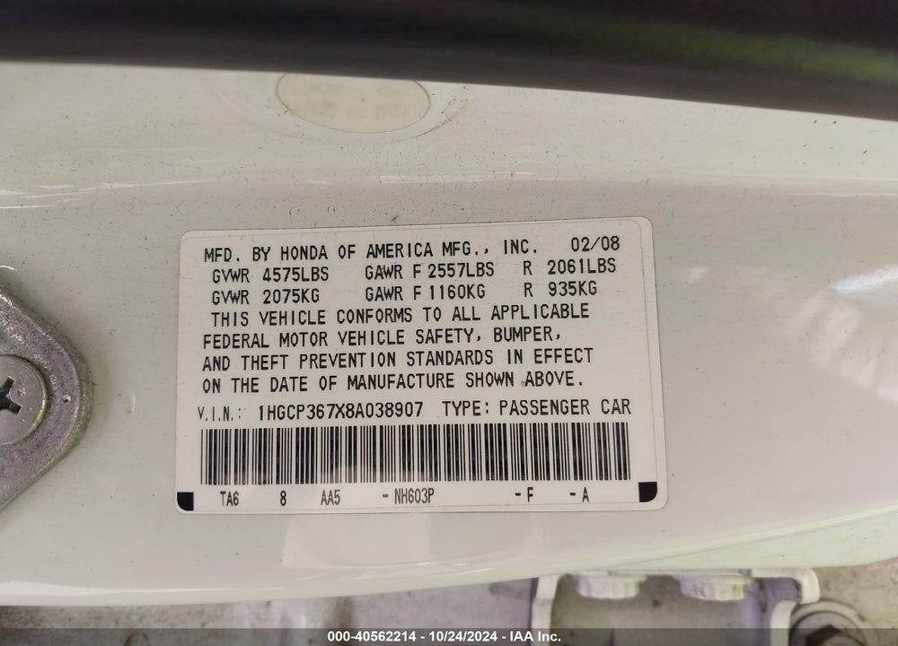 2008 HONDA ACCORD 3.5 EX VIN: 1HGCP367X8A038907