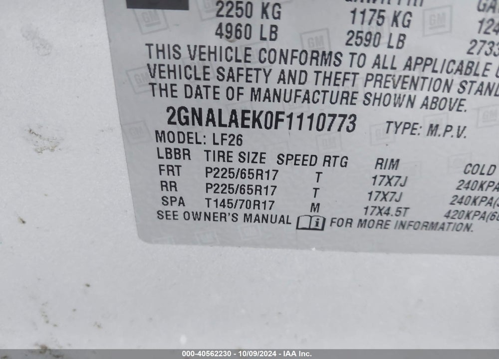 2015 CHEVROLET EQUINOX LS VIN: 2GNALAEK0F1110773