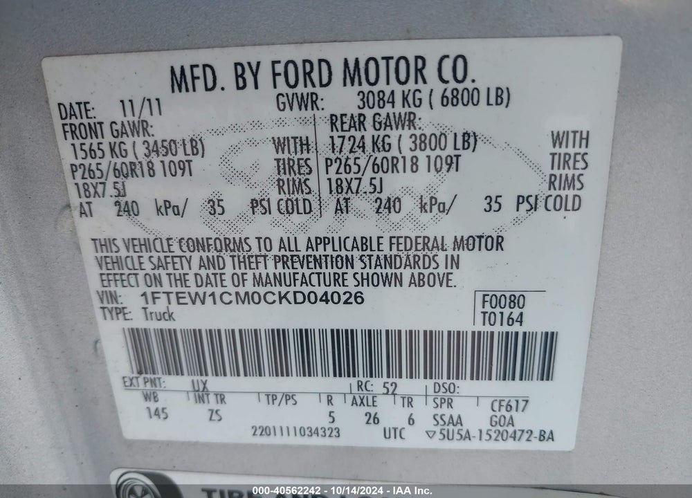 2012 FORD F-150 XLT VIN: 1FTEW1CM0CKD04026