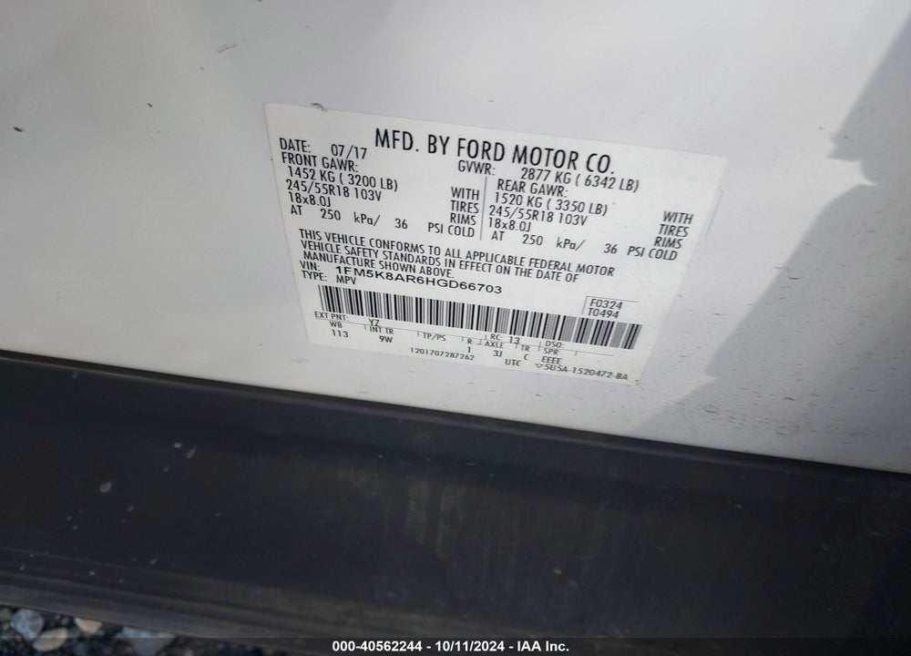 2017 FORD UTILITY POLICE INTERCEPTOR VIN: 1FM5K8AR6HGD66703