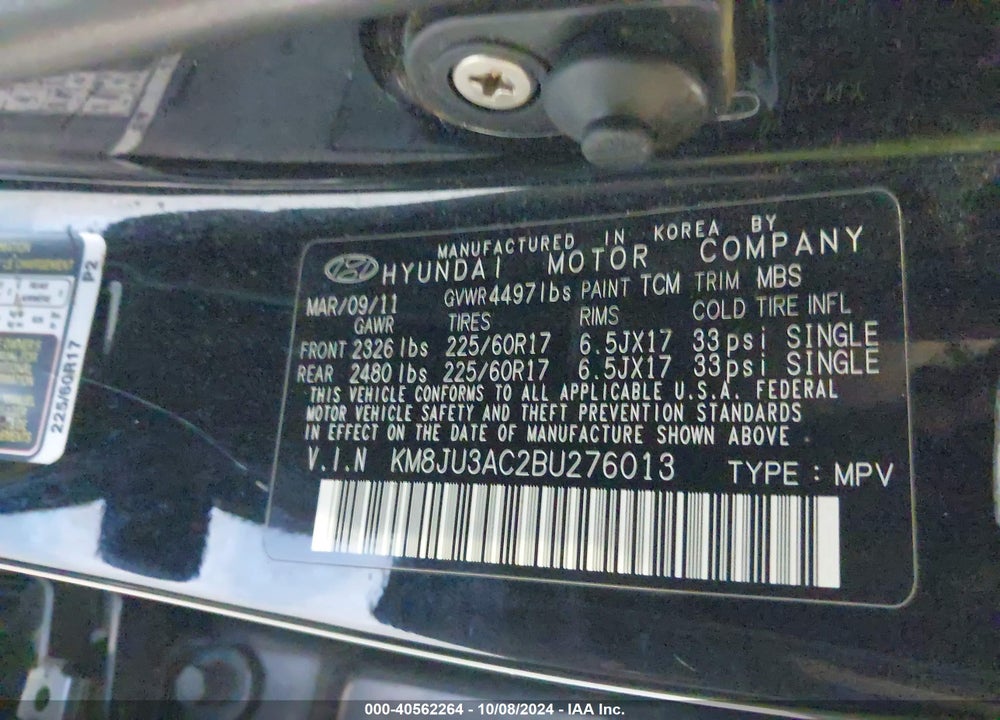 2011 HYUNDAI TUCSON GLS VIN: KM8JU3AC2BU276013