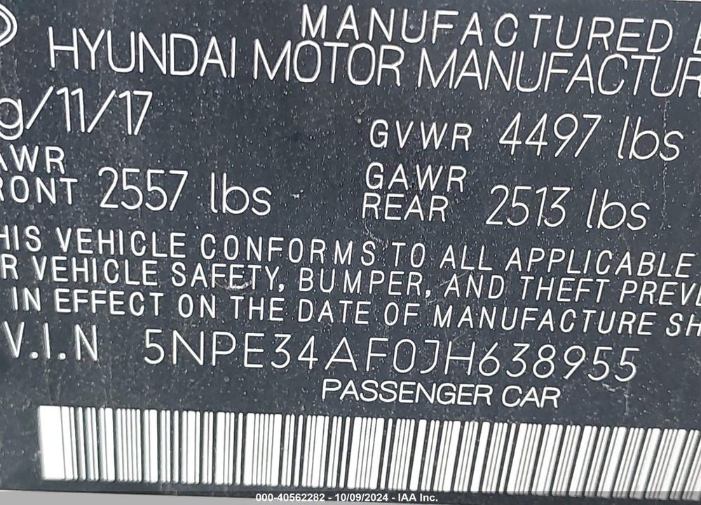 2018 HYUNDAI SONATA SEL VIN: 5NPE34AF0JH638955